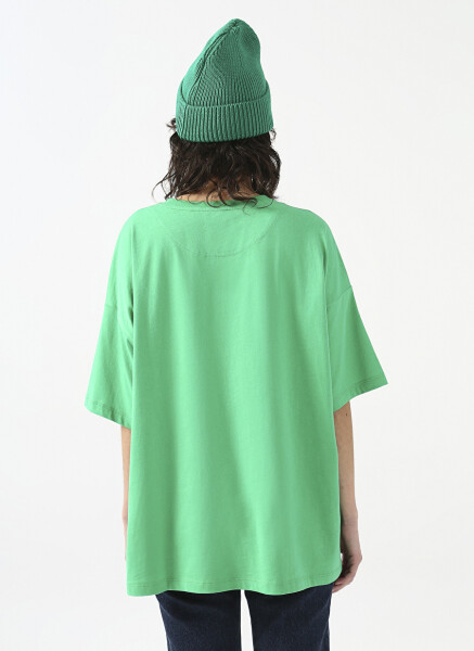 Fluffy Bisiklet Yaka Oversize Yeşil Kadın T-Shirt FFY-20 - 5