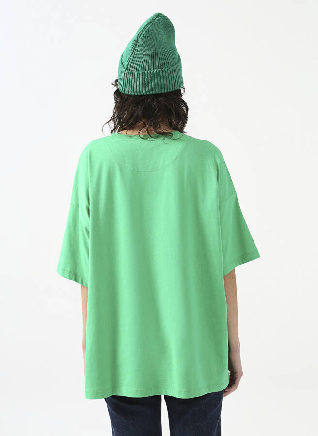 Fluffy Bisiklet Yaka Oversize Yeşil Kadın T-Shirt FFY-20 - 5