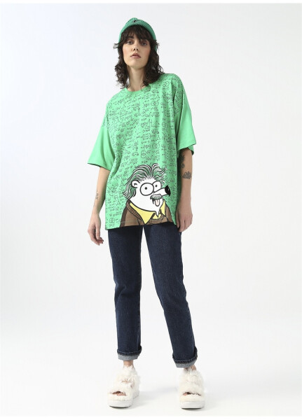 Fluffy Bisiklet Yaka Oversize Yeşil Kadın T-Shirt FFY-20 - 7