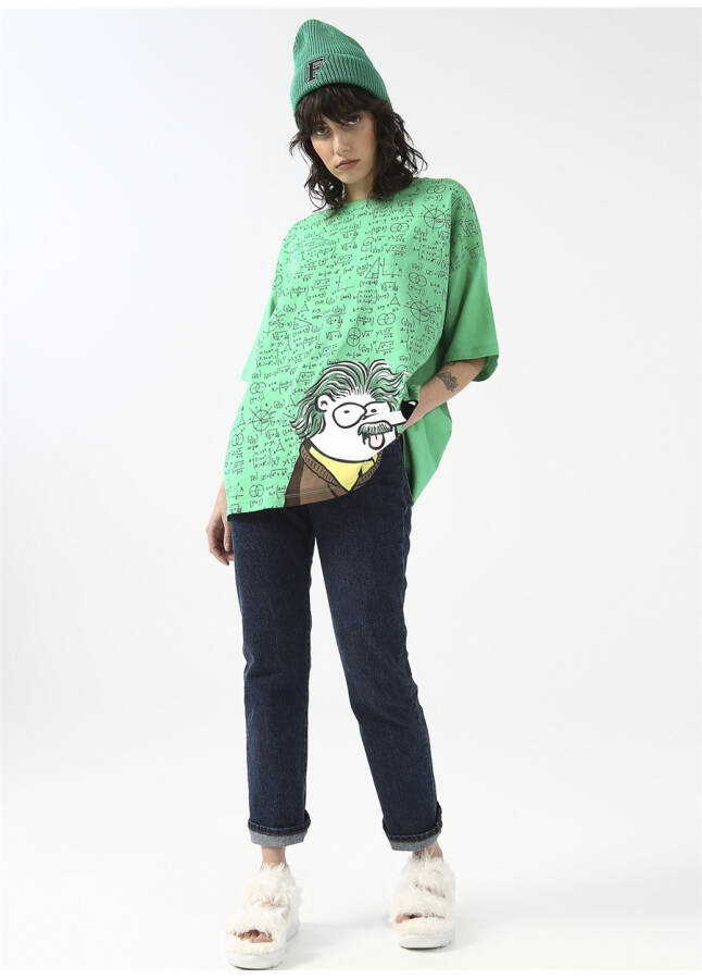 Fluffy Bisiklet Yaka Oversize Yeşil Kadın T-Shirt FFY-20 - 8