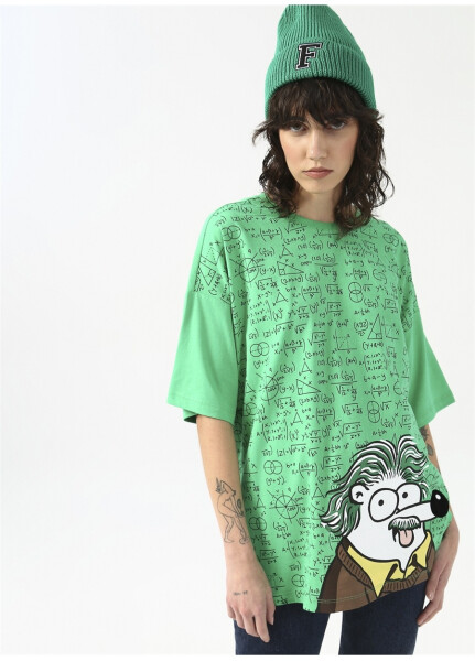 Fluffy Bisiklet Yaka Oversize Yeşil Kadın T-Shirt FFY-20 - 9