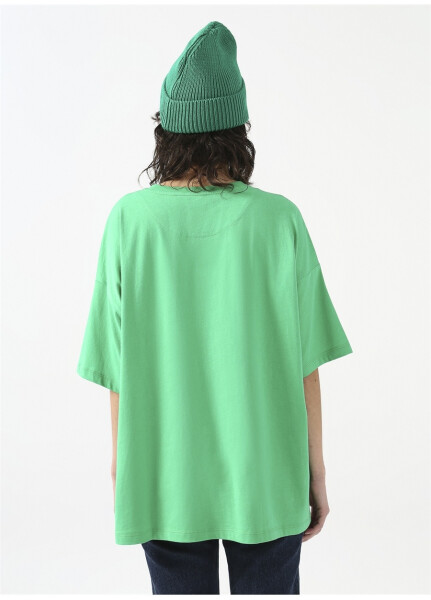 Fluffy Bisiklet Yaka Oversize Yeşil Kadın T-Shirt FFY-20 - 11