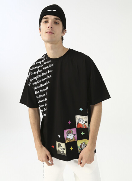 Fluffy Crew Neck Oversize Black Men's T-Shirt - 3