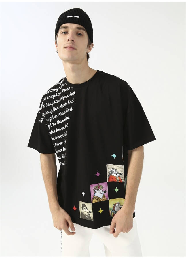 Fluffy Crew Neck Oversize Black Men's T-Shirt - 9