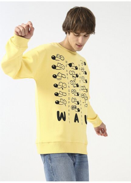 Fluffy Crew Neck Oversized Printed Light Yellow Men's Fleece Sweatshirt - 7