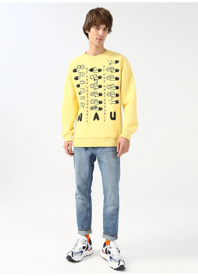 Fluffy Crew Neck Oversized Printed Light Yellow Men's Fleece Sweatshirt - 9