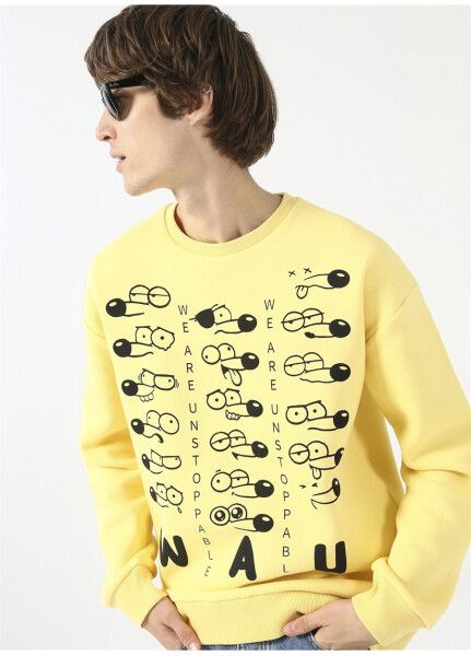 Fluffy Crew Neck Oversized Printed Light Yellow Men's Fleece Sweatshirt - 10