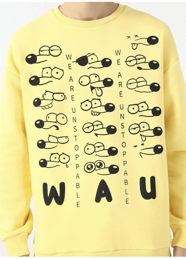 Fluffy Crew Neck Oversized Printed Light Yellow Men's Fleece Sweatshirt - 12