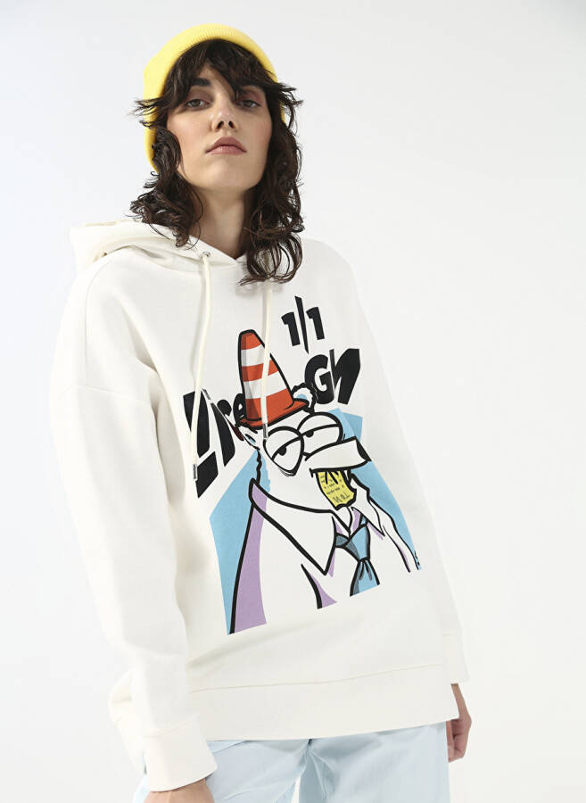 Fluffy Kapüşonlu Oversize Ekru Kadın Sweatshirt FFY-29 - 3