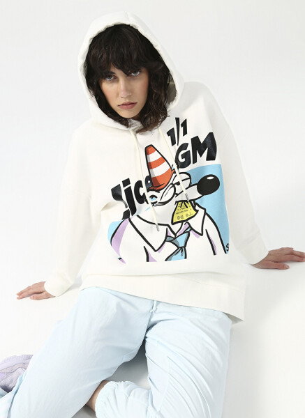 Fluffy Kapüşonlu Oversize Ekru Kadın Sweatshirt FFY-29 - 4