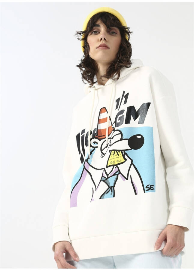 Fluffy Kapüşonlu Oversize Ekru Kadın Sweatshirt FFY-29 - 8