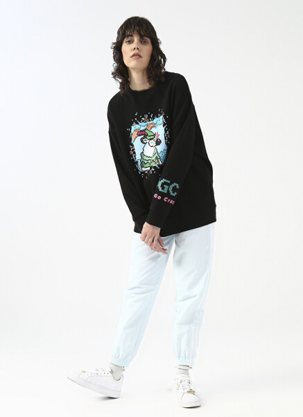 Fluffy Kapüşonlu Oversize Siyah Kadın Sweatshirt FFY-30 - 3