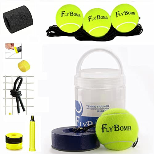 Flybomb Portable Solo Tennis Trainer Set, 3 Replacement Rebound Balls, & Wristband & Overgrip & Ring & Damper for Self Tennis Practice Training Tool for Adults or Kids Beginners - 1