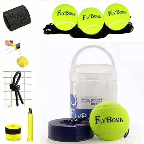 Flybomb Portable Solo Tennis Trainer Set, 3 Replacement Rebound Balls, & Wristband & Overgrip & Ring & Damper for Self Tennis Practice Training Tool for Adults or Kids Beginners - 1