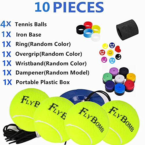 Flybomb Portable Solo Tennis Trainer Set, 3 Replacement Rebound Balls, & Wristband & Overgrip & Ring & Damper for Self Tennis Practice Training Tool for Adults or Kids Beginners - 2