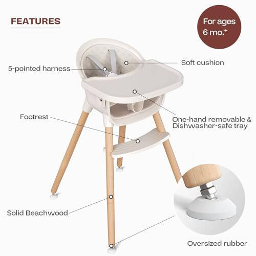 Fodoss 3-in-1 Wooden High Chair for Babies and Toddlers, Convertible Easy Clean Infant Highchair, Modern Design Baby High Chair - 25