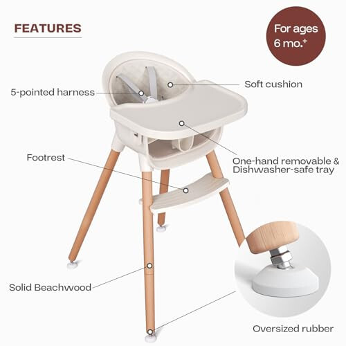 Fodoss 3-in-1 Wooden High Chair for Babies and Toddlers, Convertible Easy Clean Infant Highchair, Modern Design Baby High Chair - 7