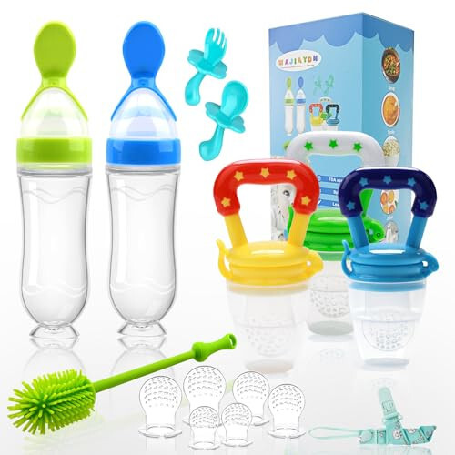 Food Feeder Baby Fruit Feeder Pacifier (3 Pcs) with 6 Different Sized Silicone Pacifiers 2 PCS Silicone Baby Food Dispensing Spoon 90ML with 2 Baby Spoons Silicone Bottle Brush Pacifier Clip - 1