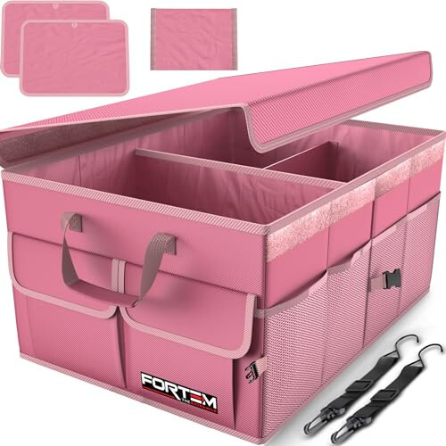 FORTEM Car Trunk Organizer, Car Storage Organizer, Collapsible Multi Compartment Car Organizer, SUV Trunk Organizer, Non Slip Bottom, Adjustable Securing Straps, Soft Cover 50L (Pink, Standard) - 1