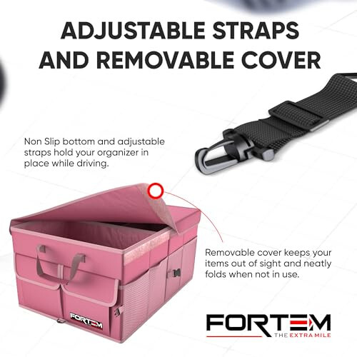 FORTEM Car Trunk Organizer, Car Storage Organizer, Collapsible Multi Compartment Car Organizer, SUV Trunk Organizer, Non Slip Bottom, Adjustable Securing Straps, Soft Cover 50L (Pink, Standard) - 5