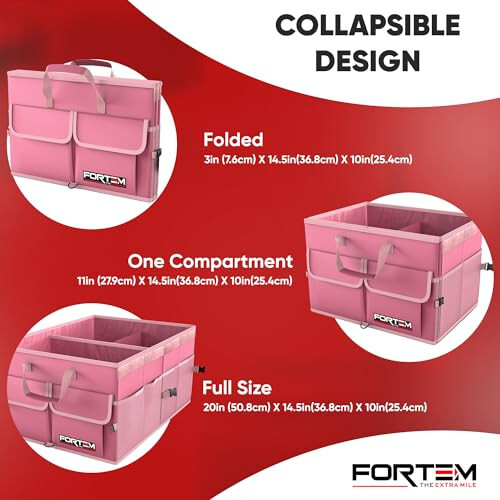 FORTEM Car Trunk Organizer, Car Storage Organizer, Collapsible Multi Compartment Car Organizer, SUV Trunk Organizer, Non Slip Bottom, Adjustable Securing Straps, Soft Cover 50L (Pink, Standard) - 6