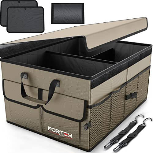 FORTEM Car Trunk Organizer, Collapsible Multi Compartment Car Organizer, Foldable SUV Storage for Car Accessories for Women Men, Non Slip Bottom, Securing Straps, Soft Cover 50L (Beige, Standard) - 1