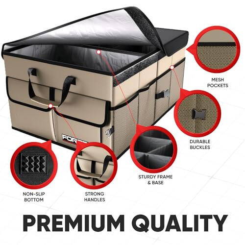 FORTEM Car Trunk Organizer, Collapsible Multi Compartment Car Organizer, Foldable SUV Storage for Car Accessories for Women Men, Non Slip Bottom, Securing Straps, Soft Cover 50L (Beige, Standard) - 2