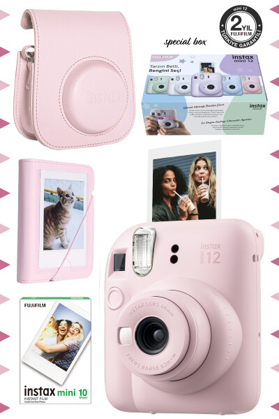 Фотоаппарат Instax mini 12 Розовый-Плёнка 10 штук-Мини-альбом и кожаный чехол - 1