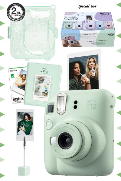 Фотоаппарат Instax mini 12 Зеленый - Фильм 10 шт. - Стойка с зажимом - Альбом из ПВХ и блестящий чехол из плексигласа - 1