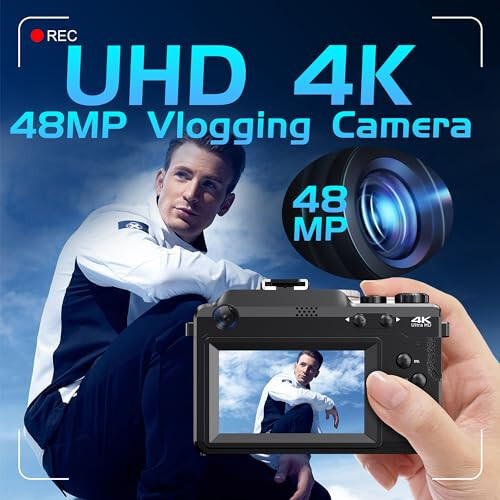 Fotoğrafçılık için 4K Dijital Kamera, Çift Lensli 48MP Otomatik Odaklama Sarsıntısız Vlogging Kamerası YouTube İçin, 18X Dijital Zoomlu Kompakt Seyahat WiFi Çek ve Bırak Kameralar 64GB TF Kart ve 2 Pil ile - 7