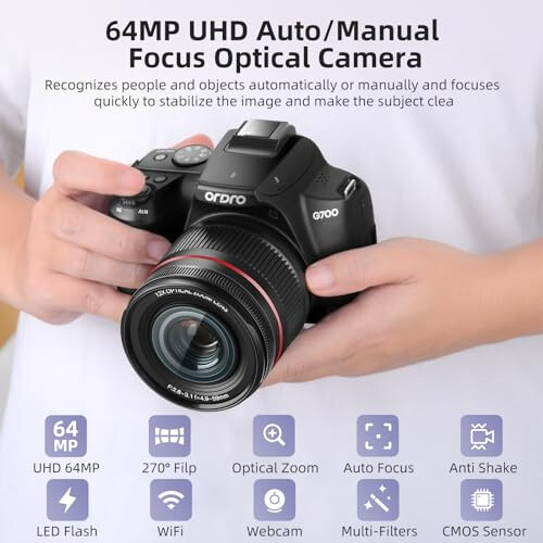 Fotografiya uchun Avtomatik va Qo'lda Fokus Xususiyatiga Ega 4K Raqamli Video Kamera, 12X Optik Zumli ORDRO 4K 64MP Vlogging Kamerasi, 270° 3.0 dyuymli Aylanuvchi Ekranli YouTube Video Kamerasi, Flash, 64GB SD Kart, 2 Batareya - 2