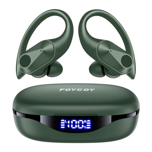 FOYCOY Bluetooth Headphones Wireless Earbuds 90Hrs Playtime Ear Buds IPX7 Waterproof Sports Earphones with Wireless Charging Case & Over-Ear Earhooks LED Power Display Stereo Headset Bass Olive Green - 1