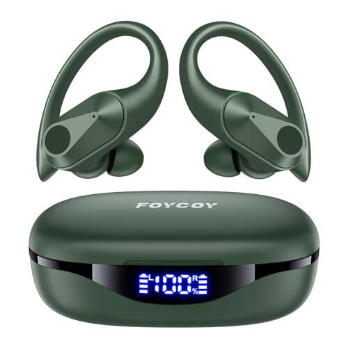 FOYCOY Bluetooth Headphones Wireless Earbuds 90Hrs Playtime Ear Buds IPX7 Waterproof Sports Earphones with Wireless Charging Case & Over-Ear Earhooks LED Power Display Stereo Headset Bass Olive Green - 1