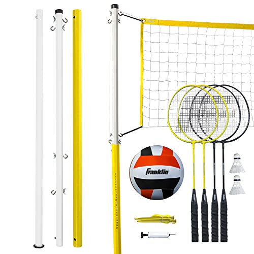 Franklin Sports Voleybol + Badminton Kombinatsiyalangan To'plamlari - Hoвли + Plyaj ochiq havoda Voleybol + Badminton To'r To'plami - Ko'chma Badminton + Voleybol To'r ustunlar bilan - Voleybol, Raketkalar + To'plar kiritilgan - 3