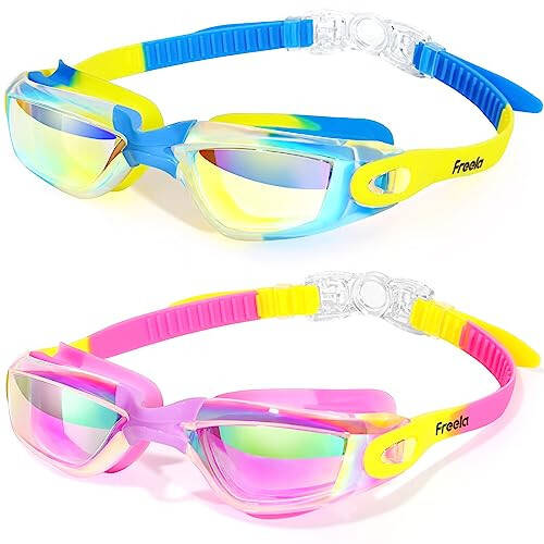 Freela Kids Swim Goggles, 2 Packs Swimming Goggles for Kids 3-14, Boys Girls Swim Goggles Anti Fog UV Protection No Leaking - 1