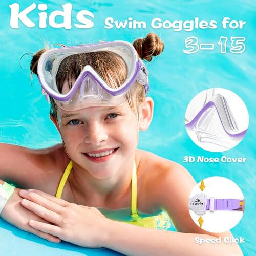 Freela Kids Swim Goggles for Kids 3-15 with Nose Cover, Tempered Glass Lens Anti-Fog No Leakage Diving Mask 180° Clear Vision - 6