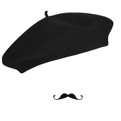 Frenchman Beret Women Men, Mustache Halloween Mime Costume Accessory Beanie Caps Classic Wool Winter French Hat Free Size - 1