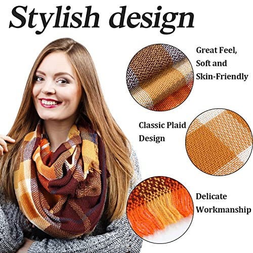 Frienda Winter Plaid Scarf Fall Warm Tartan Scarf Checkered Pattern Circle Loop Scarf Wrap - 2