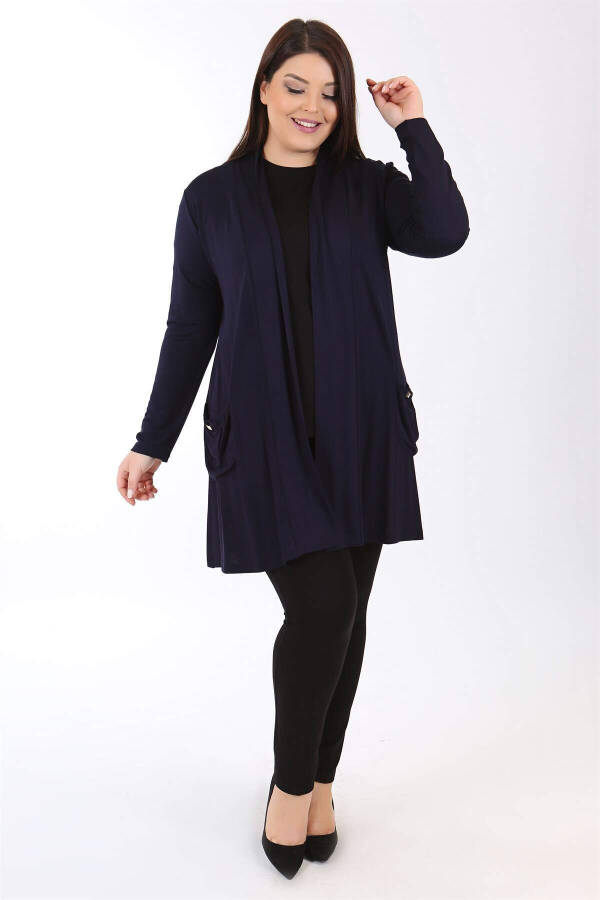 Front Pocket Ruched Navy Cardigan - 1