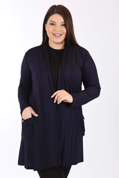 Front Pocket Ruched Navy Cardigan - 6