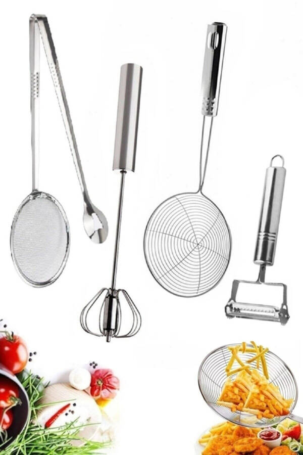 Fry Oil Tongs Strainer Steel Whisk Mixer Luxury Serving Set Colander Ladle Potato Peeler Julienne - 6