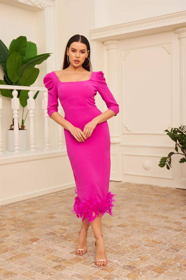 Fuchsia Crepe Skirt Feathered Midi Prom Dress - 1