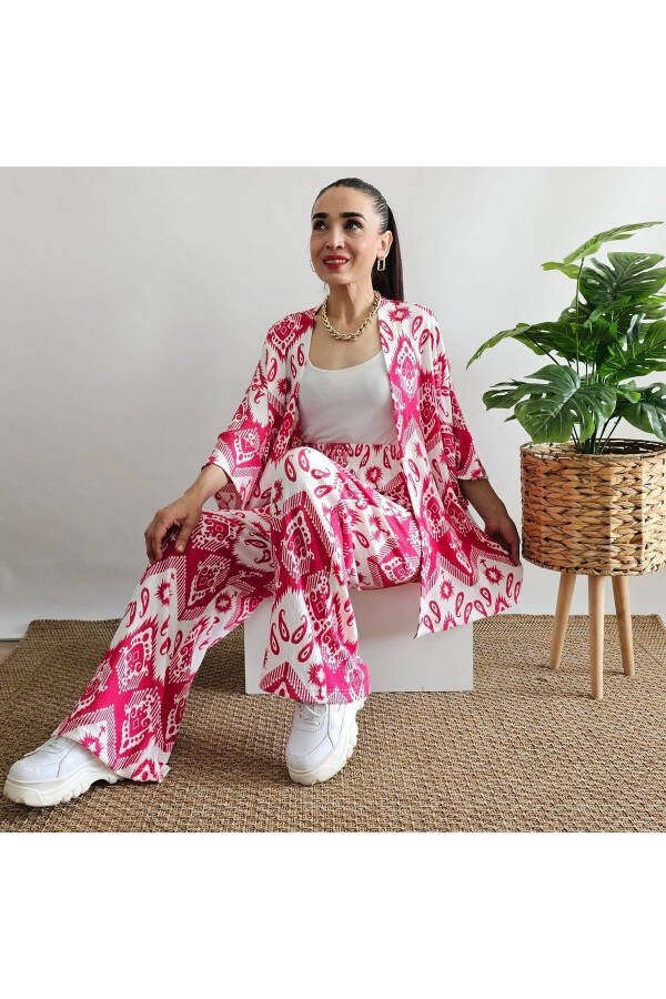 Fuchsia Patterned Two-Piece Kimono Set (COMFORTABLE FIT) - 5