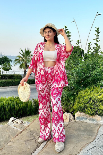 Fuchsia Patterned Two-Piece Kimono Set (COMFORTABLE FIT) - 2