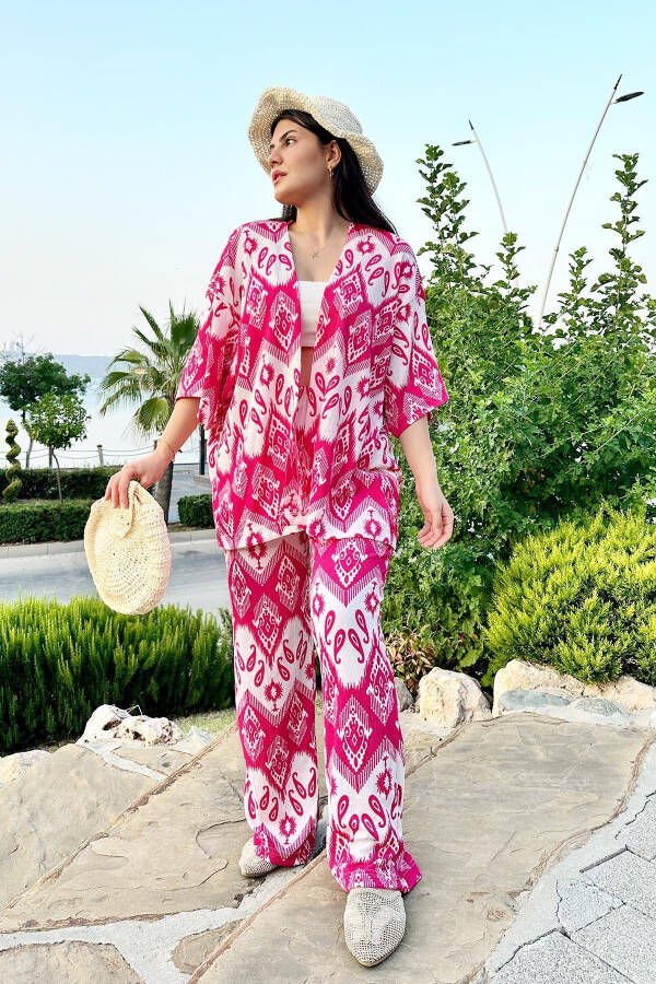 Fuchsia Patterned Two-Piece Kimono Set (COMFORTABLE FIT) - 3