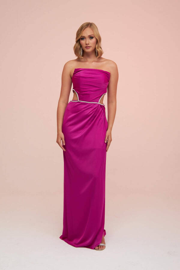 Fuchsia Satin Strapless Side Slit Long Evening Dress - 1