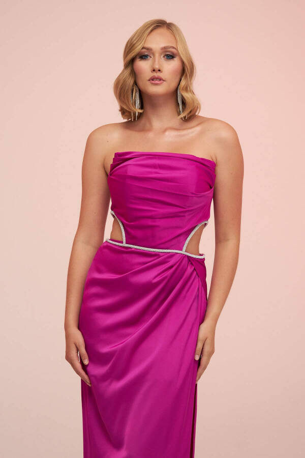 Fuchsia Satin Strapless Side Slit Long Evening Dress - 2