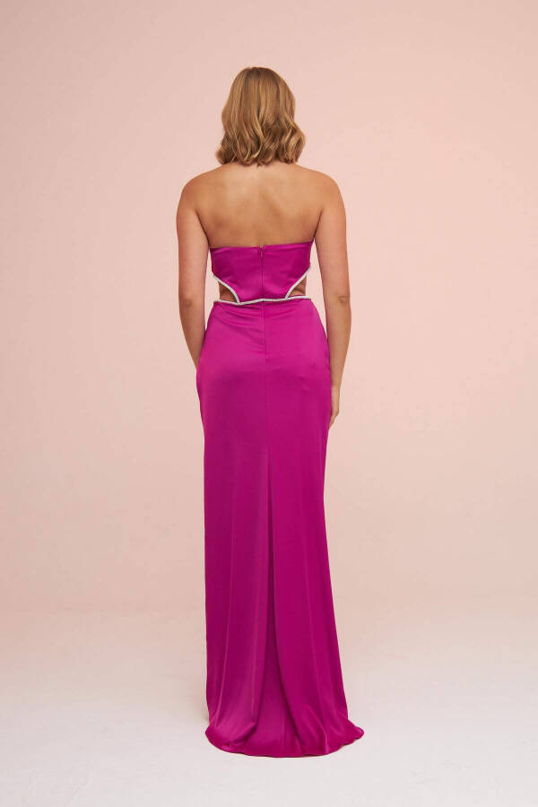 Fuchsia Satin Strapless Side Slit Long Evening Dress - 4