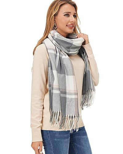 Fuinloth Women's Large Plaid Scarf Fashion Long Shawl Wrap for Winter Warm Lightweight - 2