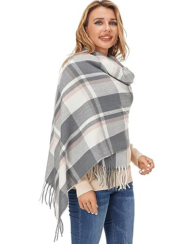 Fuinloth Women's Large Plaid Scarf Fashion Long Shawl Wrap for Winter Warm Lightweight - 4